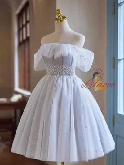 Gray Tulle Off the Shoulder Beading Homecoming Dress