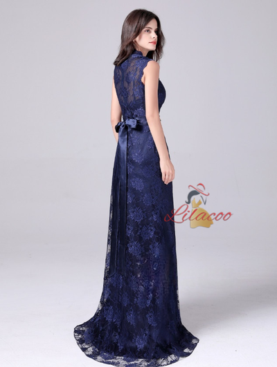 Navy Blue Mermaid Lace V-neck Mother Of The Bride Dress