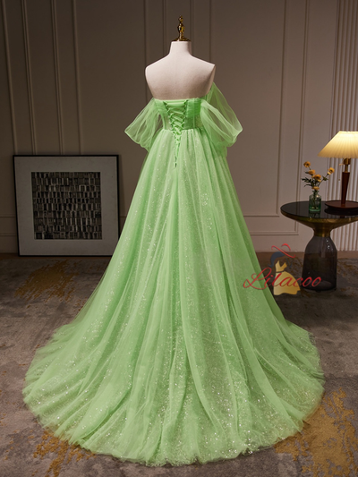 Green Tulle Sequins Pleats Prom Dress
