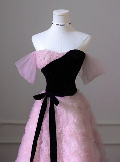 Pink Tulle Off the Shoulder Black Velvet Prom Dress