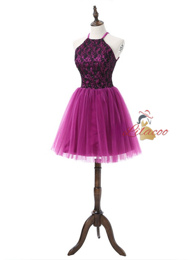 Purple Halter Tulle Lace Homecoming Dress