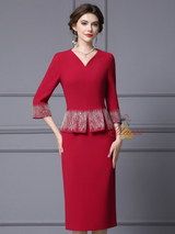 Red V-neck Short Sleeve Mother Of The Bride Dress
