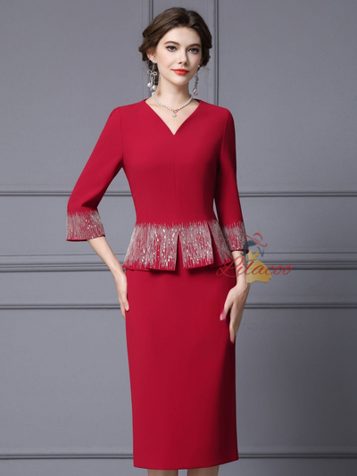 Red V-neck Short Sleeve Mother Of The Bride Dress