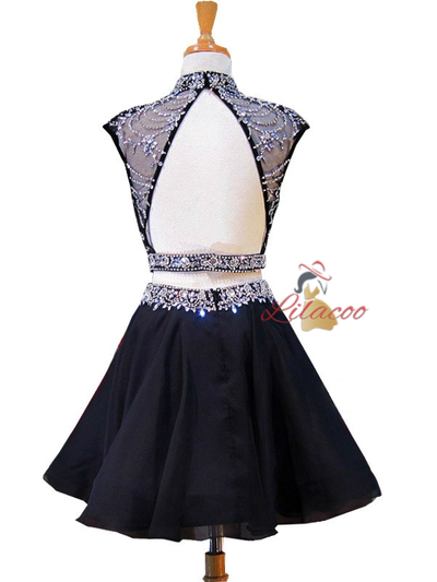 Black High Neck Beaded Crystals Chiffon Homecoming Dress