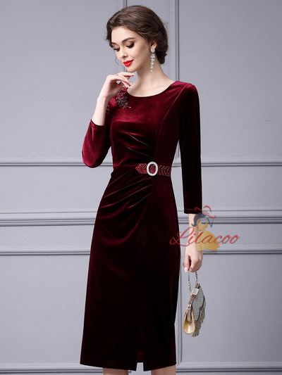 Burgundy Velvet Beading Mother Of The Bride Dress