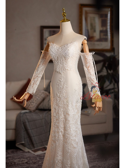 Ivory White Mermaid Appliques Long Sleeve Wedding Dress