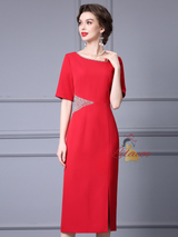 Red Split Short Sleeve Mother Of The Bride Dress