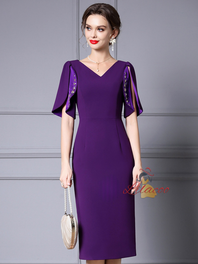 Purple Short Sleeve Beading Mother Of The Bride Dress