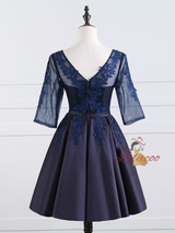 Navy Blue Satin Lace Short Sleeve Homecoming Dress