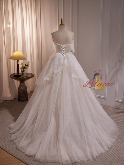 White Tulle Spaghetti Straps Sequins Wedding Dress