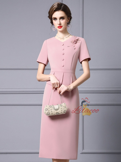 Pink Short Sleeve V-neck Mother Of The Bride Dress