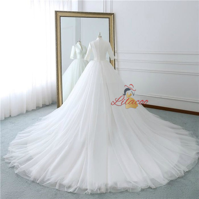 White Deep V-neck Short Sleeve Wedding Dress