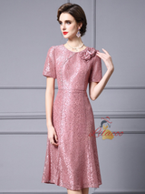 Pink Lace Short Sleeve Mother Of The Bride Dress