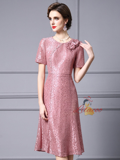 Pink Lace Short Sleeve Mother Of The Bride Dress