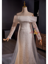 White Mermaid Lace Tulle Pleats Wedding Dress