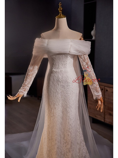 White Mermaid Lace Tulle Pleats Wedding Dress