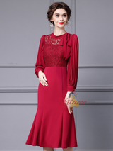 Long Sleeve Lace Pleats Mother Of The Bride Dress