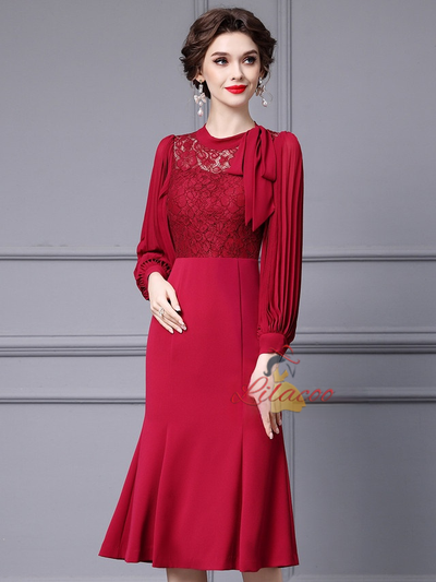 Long Sleeve Lace Pleats Mother Of The Bride Dress