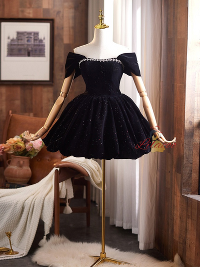 Black Velvet Sequins Crystal Homecoming Dress