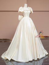 Ivory Satin Puff Sleeve Bow Flower Wedding Dress