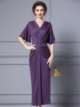 Purple V-neck Pleats Mother Of The Bride Dress