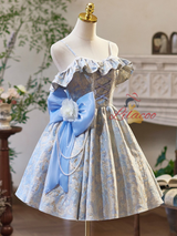 Blue Spaghetti Straps Bow Homecoming Dress