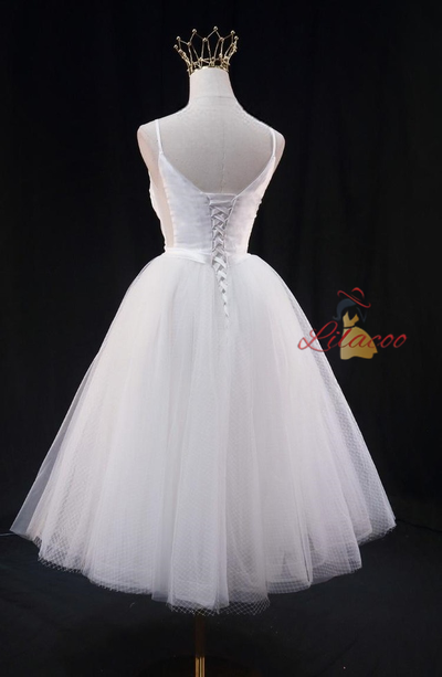 White Tulle Spaghetti Straps Pleats Wedding Dress
