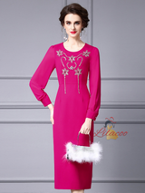 Fuchsia Long Sleeve Beading Mother Of The Bride Dress