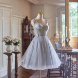 Gray Tulle Spaghetti Straps Homecoming Dress