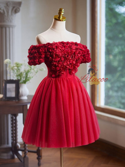 Burgundy Tulle 3D Flower Homecoming Dress