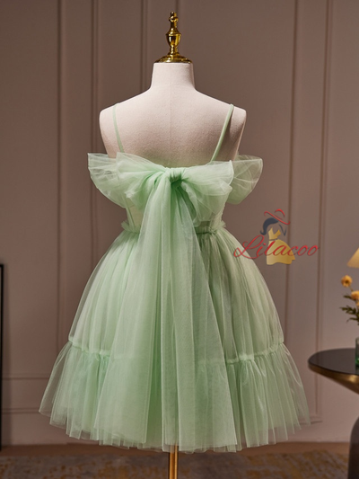 Green Tulle Appliques Beading Homecoming Dress