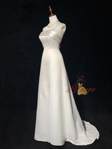 White Satin Strapless Pleats Wedding Dress