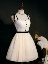 A-Line Ivory Tulle Lace Button Homecoming Dress