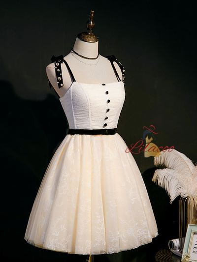 A-Line Ivory Tulle Lace Button Homecoming Dress