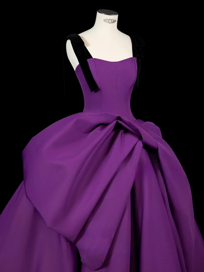 Purple Satin Straps Pleats Prom Dress