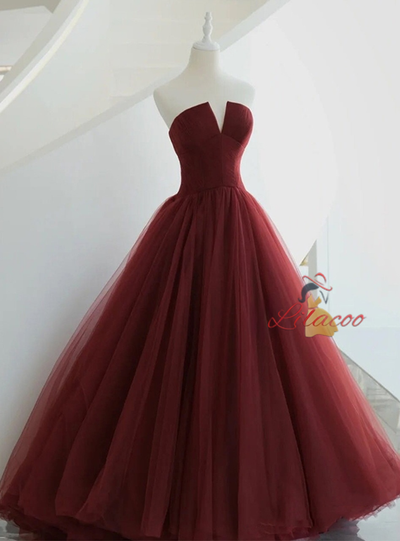 Burgundy Tulle Pleats Prom Dress