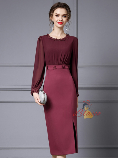 Burgundy Long Sleeve Lace Mother Of The Bride Dress
