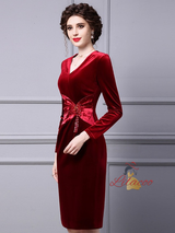 Burgundy Velvet V-neck Mother Of The Bride Dress