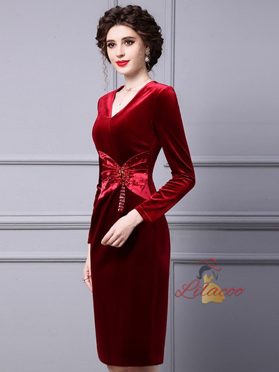 Burgundy Velvet V-neck Mother Of The Bride Dress