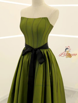 Green Satin Strapless Prom Dress