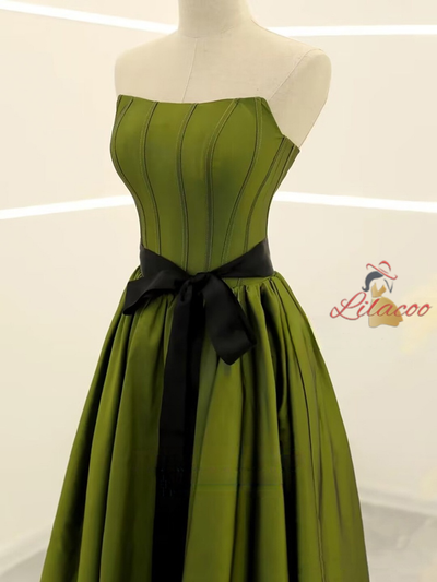 Green Satin Strapless Prom Dress