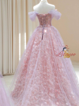 Pink Purple Tulle Off the Shoulder Prom Dress