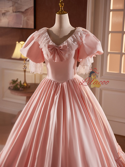 Pink Satin V-neck Puff Sleeve Lace Wedding Dress