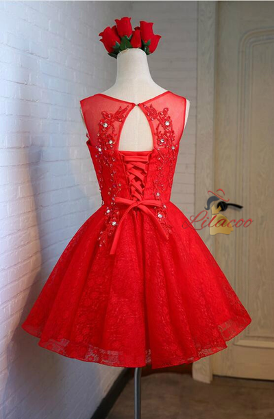 Red Lace Beading Homecoming Dress