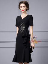 Black V-neck Short Sleeve Mother Of the Brides Dress