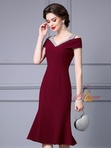 Burgundy V-neck Beading Mother Of The Bride Dress