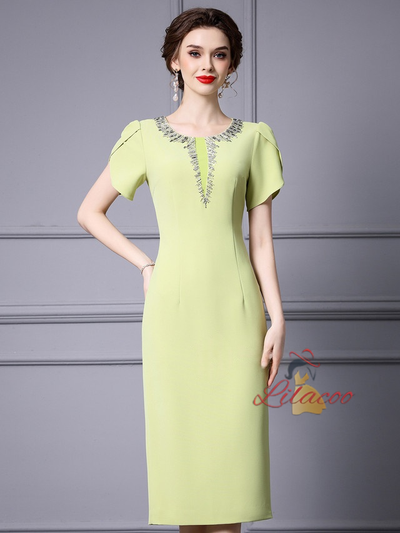 Green Short Sleeve Beading Mother Of The Bride Dress