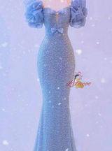 Blue Mermaid Sequins Bow Prom Dress