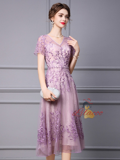 Purple Lace V-neck Mother Of The Bride Dress