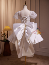 White Satin Bow Beading Homecoming Dress